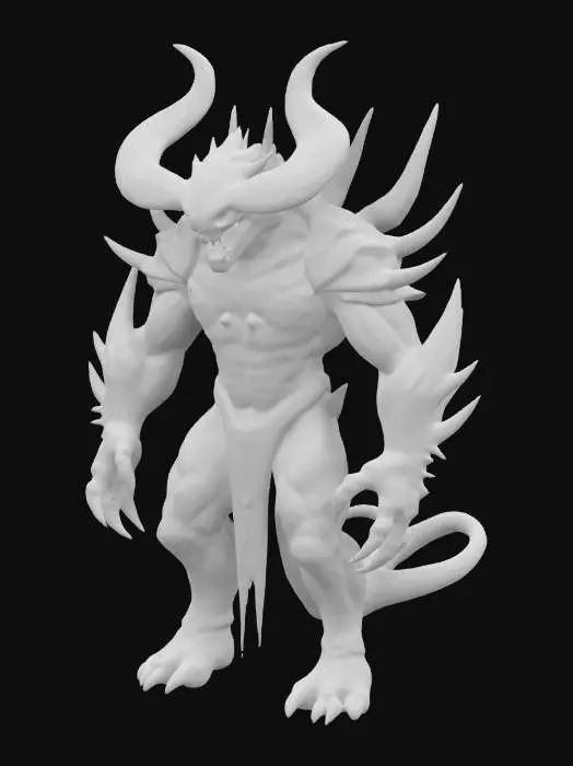 3D model for This creature is massive with rugged armor plating. Its head has prominent, menacing horns and glowing red eyes. The body is covered in dark, volcanic rocks and sharp spikes. Massive limbs end in thick, crushing claws. A powerful tail with a venomous stinger adds to its threat. This creature radiates an aura of danger.