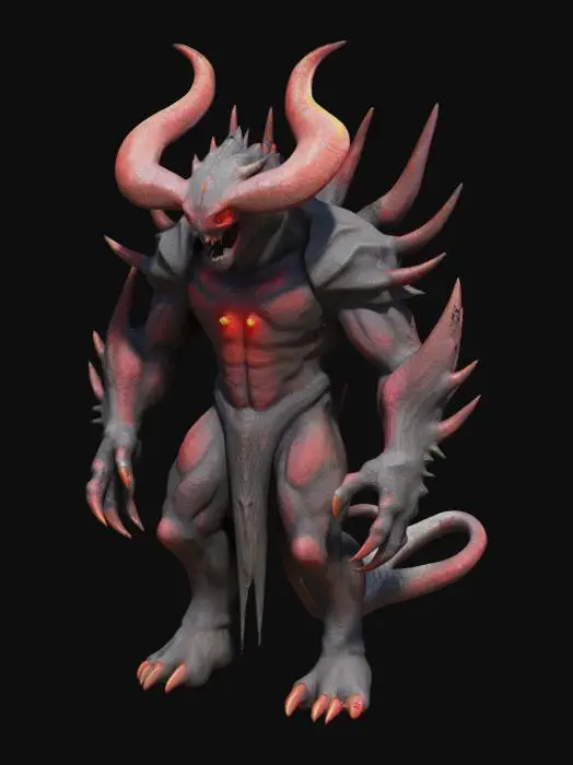 3D model for This creature is massive with rugged armor plating. Its head has prominent, menacing horns and glowing red eyes. The body is covered in dark, volcanic rocks and sharp spikes. Massive limbs end in thick, crushing claws. A powerful tail with a venomous stinger adds to its threat. This creature radiates an aura of danger.