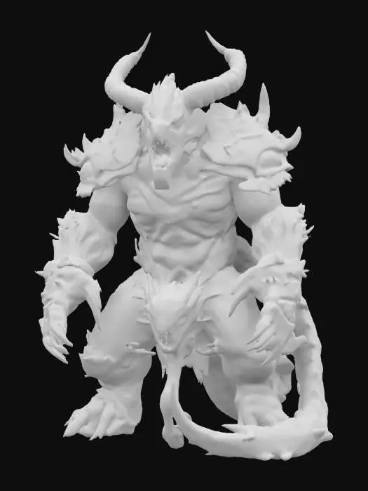 3D model for This creature is massive with rugged armor plating. Its head has prominent, menacing horns and glowing red eyes. The body is covered in dark, volcanic rocks and sharp spikes. Massive limbs end in thick, crushing claws. A powerful tail with a venomous stinger adds to its threat. This creature radiates an aura of danger.