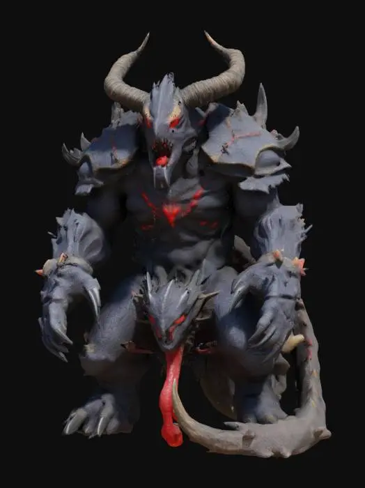 3D model for This creature is massive with rugged armor plating. Its head has prominent, menacing horns and glowing red eyes. The body is covered in dark, volcanic rocks and sharp spikes. Massive limbs end in thick, crushing claws. A powerful tail with a venomous stinger adds to its threat. This creature radiates an aura of danger.