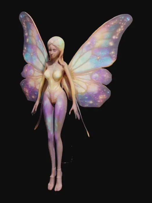 3D model for Luminara Vesperaeth: An 8ft celestial moth-faerie with dual-layered wings (opal fractals above/galactic nebulae below). Translucent skin glows with constellations that erupt into supernovae when enraged. Aurora-emitting antennae and light-harvesting wing filaments create a stardust halo.