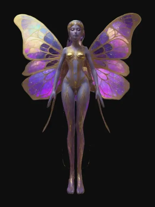 3D model for Luminara Vesperaeth: An 8ft celestial moth-faerie with dual-layered wings (opal fractals above/galactic nebulae below). Translucent skin glows with constellations that erupt into supernovae when enraged. Aurora-emitting antennae and light-harvesting wing filaments create a stardust halo.