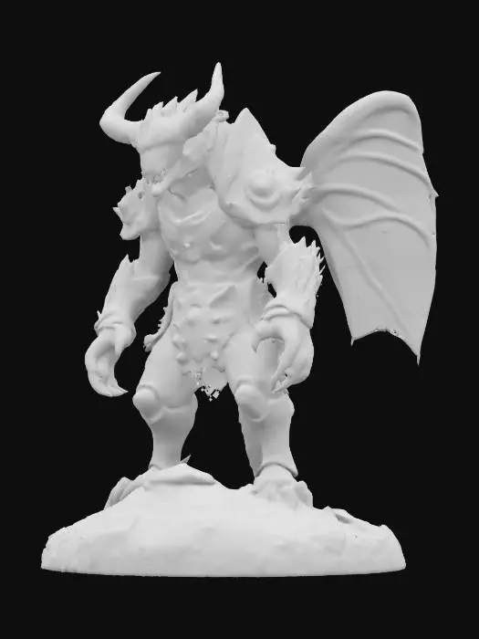 3D model for This creature is massive with rugged armor plating. Its head has prominent, menacing horns and glowing red eyes. The body is covered in dark, volcanic rocks and sharp spikes. Massive limbs end in thick, crushing claws. A powerful tail with a venomous stinger adds to its threat. This creature radiates an aura of danger.