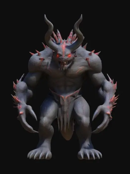 3D model for This creature is massive with rugged armor plating. Its head has prominent, menacing horns and glowing red eyes. The body is covered in dark, volcanic rocks and sharp spikes. Massive limbs end in thick, crushing claws. A powerful tail with a venomous stinger adds to its threat. This creature radiates an aura of danger.