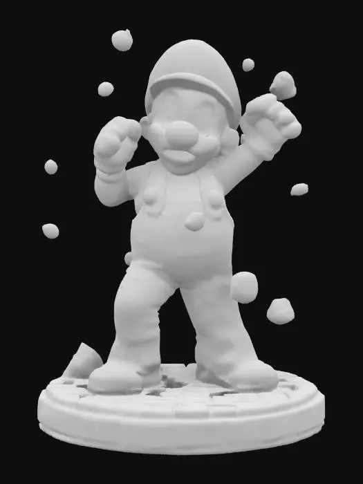 3D model for Mario: A red-capped plumber with a bushy mustache, iconic red overalls, and a mushroom-powered ability to grow giant or gain fireballs. Jumps on Goombas, rescues princesses, and embodies "super" heroism in pixelated worlds. Faces Bowser in castles, collects coins, and slides down pipes. Voiceless but legendary, a plumber who defined gaming for generations.