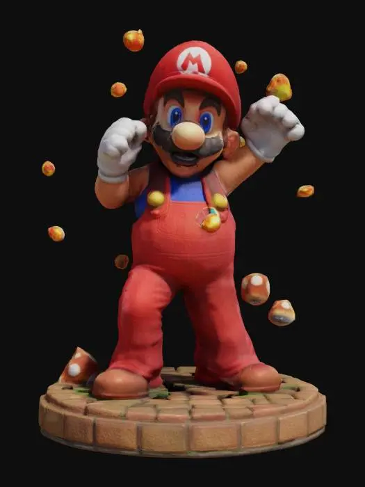 3D model for Mario: A red-capped plumber with a bushy mustache, iconic red overalls, and a mushroom-powered ability to grow giant or gain fireballs. Jumps on Goombas, rescues princesses, and embodies "super" heroism in pixelated worlds. Faces Bowser in castles, collects coins, and slides down pipes. Voiceless but legendary, a plumber who defined gaming for generations.