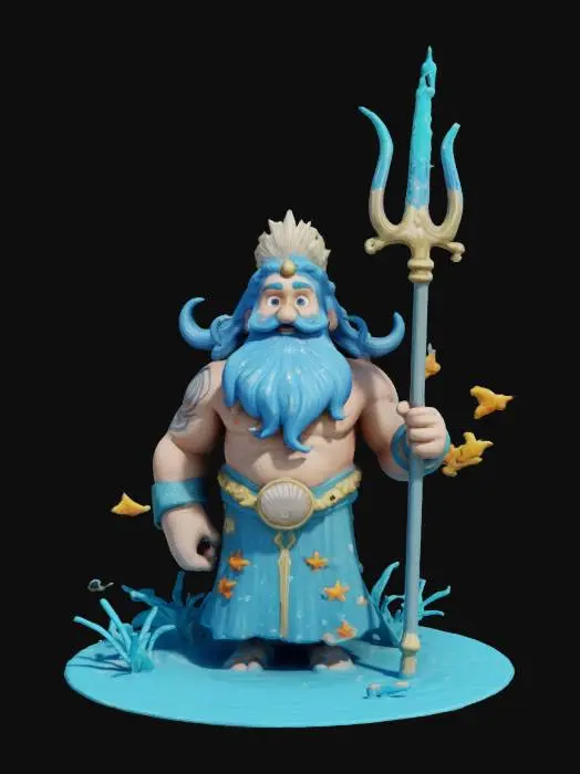 3D model for A cartoon Poseidon with wild blue hair, a flowing beard, and a big smile. He wears a seashell crown and holds a glittering trident that shoots water sparks. Fish swim around him, bubbles float in the air, and his robes are decorated with waves and starfish. A playful splash of water trails behind him, capturing the ocean’s magic with cartoonish charm.T-pose, A型姿势, T型姿势, 体型对称