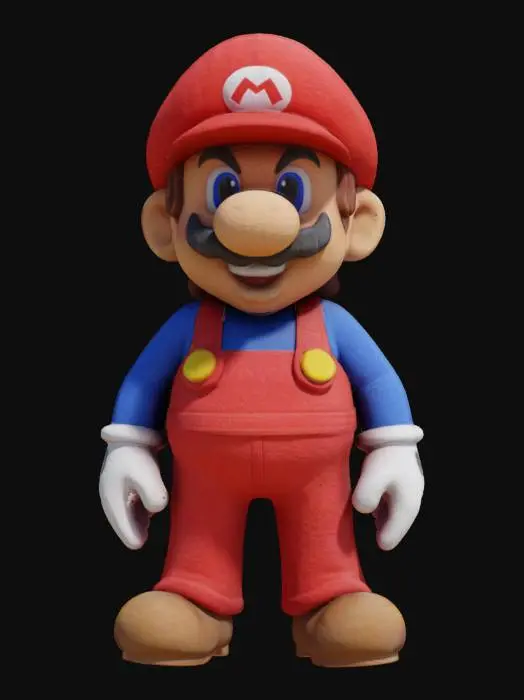 3D model for Mario: A red-capped plumber with a bushy mustache, iconic red overalls, and a mushroom-powered ability to grow giant or gain fireballs. Jumps on Goombas, rescues princesses, and embodies "super" heroism in pixelated worlds. Faces Bowser in castles, collects coins, and slides down pipes. Voiceless but legendary, a plumber who defined gaming for generations.