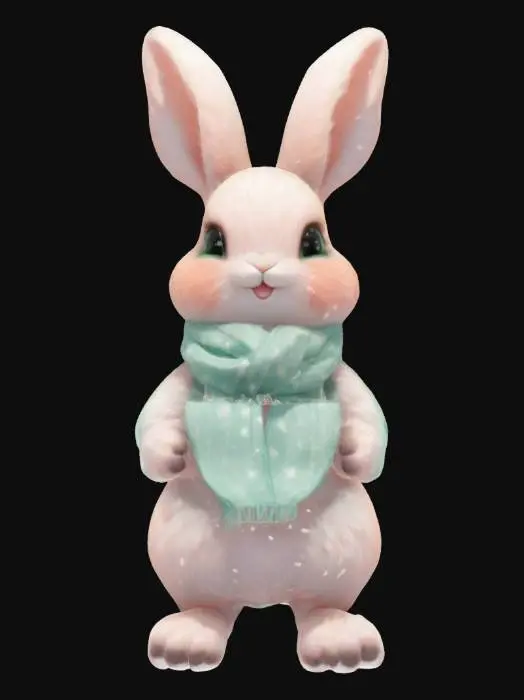 3D model for A pastel peach bunny with marshmallow-soft ears that wobble like jelly. Her button nose twitches above a honeydrop-shaped grin, eyes like dew-kissed sapphires twinkling with mischief. A mint-green scarf billows behind her as she hops, leaving trails of dandelion fluff. Tiny paws grip a star-shaped teacup, spilling rainbow sprinkles. When she giggles, her fluffy tail puffs into a dandelion clock—perfect for wishes. “Whiskers ready for adventure?” she chirps, tail wobbling in rhythm.