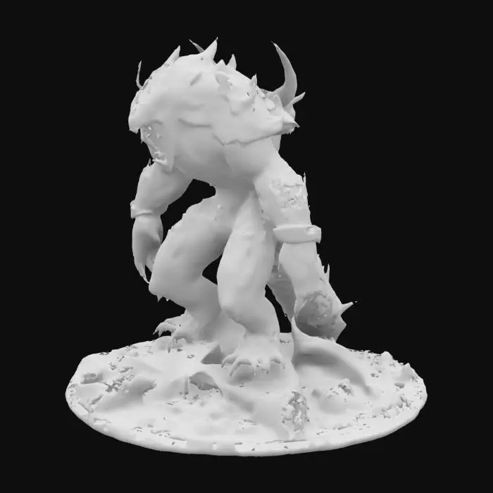 3D model for This creature is massive with rugged armor plating. Its head has prominent, menacing horns and glowing red eyes. The body is covered in dark, volcanic rocks and sharp spikes. Massive limbs end in thick, crushing claws. A powerful tail with a venomous stinger adds to its threat. This creature radiates an aura of danger.