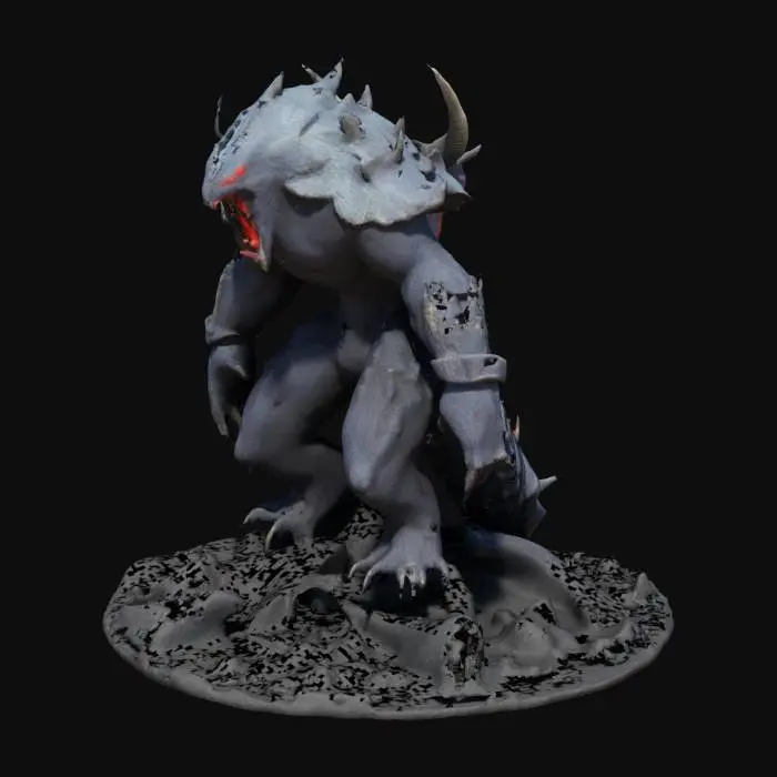 3D model for This creature is massive with rugged armor plating. Its head has prominent, menacing horns and glowing red eyes. The body is covered in dark, volcanic rocks and sharp spikes. Massive limbs end in thick, crushing claws. A powerful tail with a venomous stinger adds to its threat. This creature radiates an aura of danger.