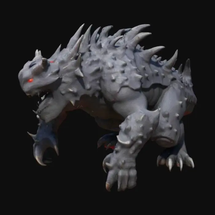 3D model for This creature is massive with rugged armor plating. Its head has prominent, menacing horns and glowing red eyes. The body is covered in dark, volcanic rocks and sharp spikes. Massive limbs end in thick, crushing claws. A powerful tail with a venomous stinger adds to its threat. This creature radiates an aura of danger.