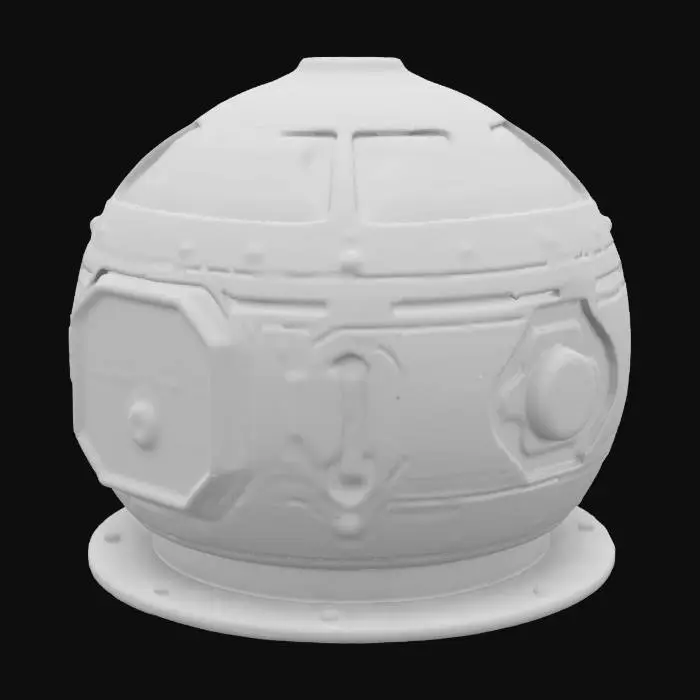 3D model for This sci-fi model has a sleek, matte metal body with rounded edges and intricate details like screw holes. A semi-spherical top with a glowing grid and blue LEDs adds futurism. The front panel features a screen with a tech interface. The interior reveals gears, circuits, and fluid-filled tubes. The circular metal base provides stability with engraved motifs. This model combines functionality with aesthetic appeal.