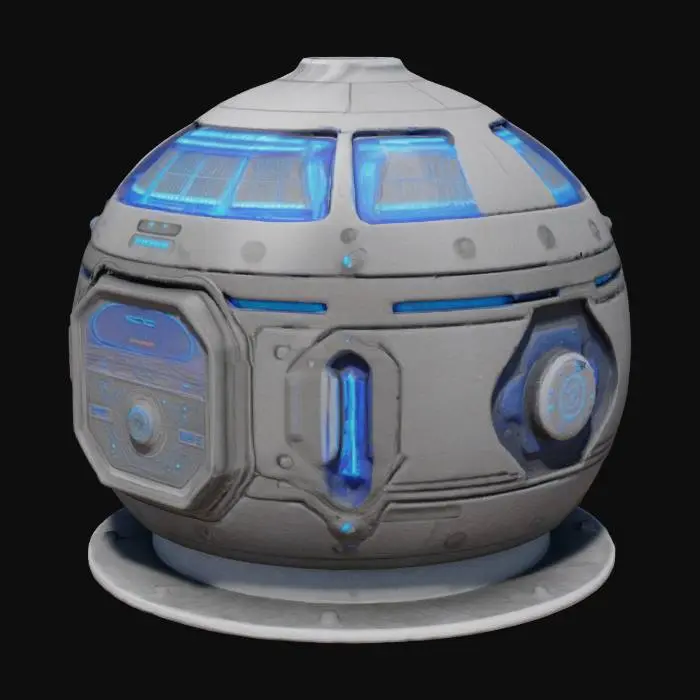 3D model for This sci-fi model has a sleek, matte metal body with rounded edges and intricate details like screw holes. A semi-spherical top with a glowing grid and blue LEDs adds futurism. The front panel features a screen with a tech interface. The interior reveals gears, circuits, and fluid-filled tubes. The circular metal base provides stability with engraved motifs. This model combines functionality with aesthetic appeal.