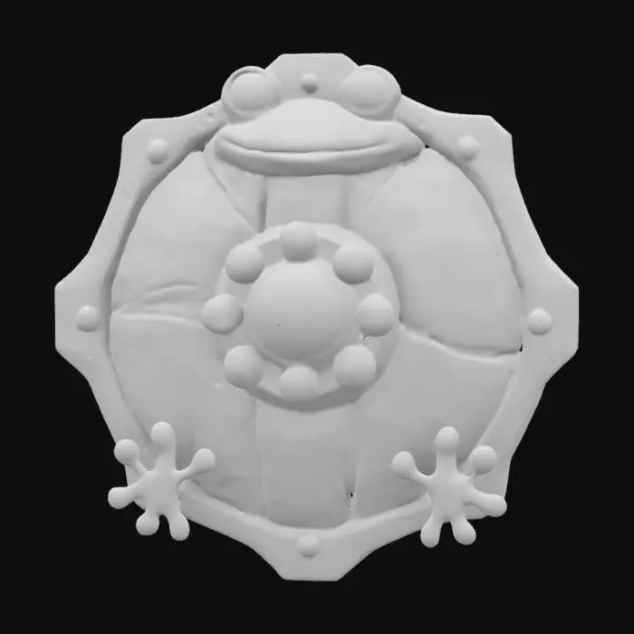 3D model for This cartoon frog pirate's shield is a wooden lily pad shape with a metal center, decorated with frog footprints and seaweed.