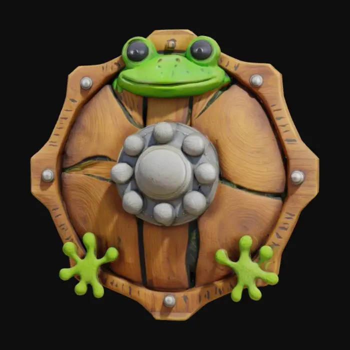 3D model for This cartoon frog pirate's shield is a wooden lily pad shape with a metal center, decorated with frog footprints and seaweed.