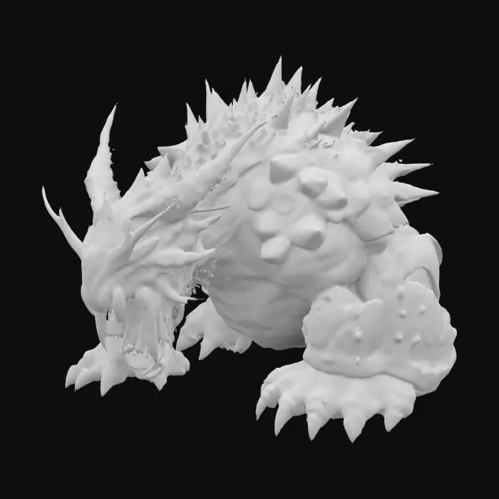 3D model for This creature is massive with rugged armor plating. Its head has prominent, menacing horns and glowing red eyes. The body is covered in dark, volcanic rocks and sharp spikes. Massive limbs end in thick, crushing claws. A powerful tail with a venomous stinger adds to its threat. This creature radiates an aura of danger.