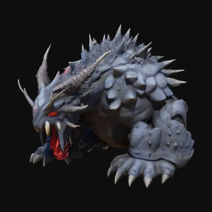 3D model for This creature is massive with rugged armor plating. Its head has prominent, menacing horns and glowing red eyes. The body is covered in dark, volcanic rocks and sharp spikes. Massive limbs end in thick, crushing claws. A powerful tail with a venomous stinger adds to its threat. This creature radiates an aura of danger.