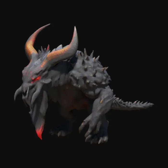 3D model for This creature is massive with rugged armor plating. Its head has prominent, menacing horns and glowing red eyes. The body is covered in dark, volcanic rocks and sharp spikes. Massive limbs end in thick, crushing claws. A powerful tail with a venomous stinger adds to its threat. This creature radiates an aura of danger.