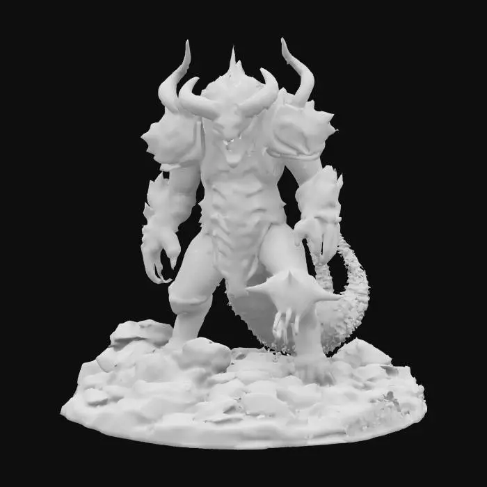 3D model for This creature is massive with rugged armor plating. Its head has prominent, menacing horns and glowing red eyes. The body is covered in dark, volcanic rocks and sharp spikes. Massive limbs end in thick, crushing claws. A powerful tail with a venomous stinger adds to its threat. This creature radiates an aura of danger.