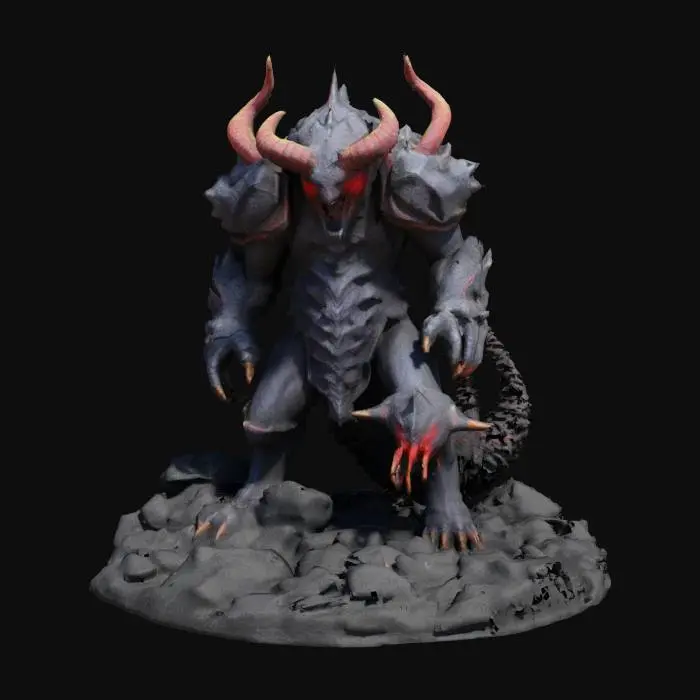 3D model for This creature is massive with rugged armor plating. Its head has prominent, menacing horns and glowing red eyes. The body is covered in dark, volcanic rocks and sharp spikes. Massive limbs end in thick, crushing claws. A powerful tail with a venomous stinger adds to its threat. This creature radiates an aura of danger.