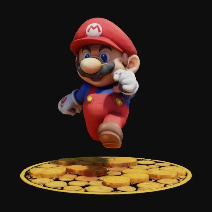 3D model for Mario: A red-capped plumber with a bushy mustache, iconic red overalls, and a mushroom-powered ability to grow giant or gain fireballs. Jumps on Goombas, rescues princesses, and embodies "super" heroism in pixelated worlds. Faces Bowser in castles, collects coins, and slides down pipes. Voiceless but legendary, a plumber who defined gaming for generations.