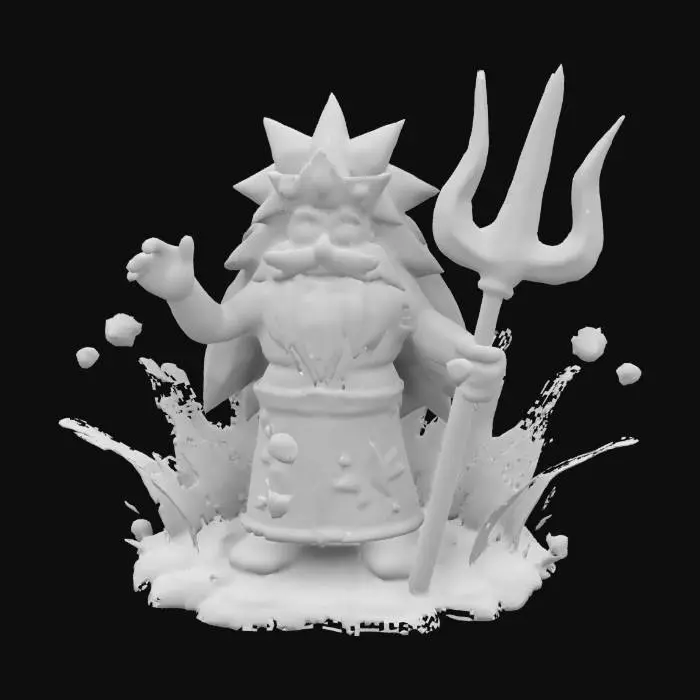 3D model for A cartoon Poseidon with wild blue hair, a flowing beard, and a big smile. He wears a seashell crown and holds a glittering trident that shoots water sparks. Fish swim around him, bubbles float in the air, and his robes are decorated with waves and starfish. A playful splash of water trails behind him, capturing the ocean’s magic with cartoonish charm.T-pose, A型姿势, T型姿势, 体型对称