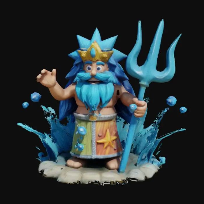 3D model for A cartoon Poseidon with wild blue hair, a flowing beard, and a big smile. He wears a seashell crown and holds a glittering trident that shoots water sparks. Fish swim around him, bubbles float in the air, and his robes are decorated with waves and starfish. A playful splash of water trails behind him, capturing the ocean’s magic with cartoonish charm.T-pose, A型姿势, T型姿势, 体型对称