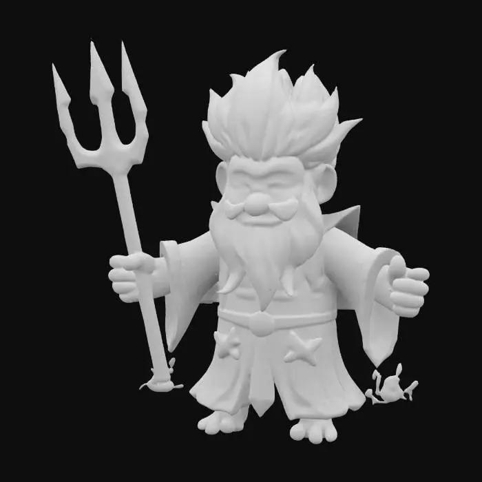 3D model for A cartoon Poseidon with wild blue hair, a flowing beard, and a big smile. He wears a seashell crown and holds a glittering trident that shoots water sparks. Fish swim around him, bubbles float in the air, and his robes are decorated with waves and starfish. A playful splash of water trails behind him, capturing the ocean’s magic with cartoonish charm.T-pose, A型姿势, T型姿势, 体型对称
