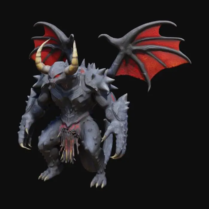 3D model for This creature is massive with rugged armor plating. Its head has prominent, menacing horns and glowing red eyes. The body is covered in dark, volcanic rocks and sharp spikes. Massive limbs end in thick, crushing claws. A powerful tail with a venomous stinger adds to its threat. This creature radiates an aura of danger.