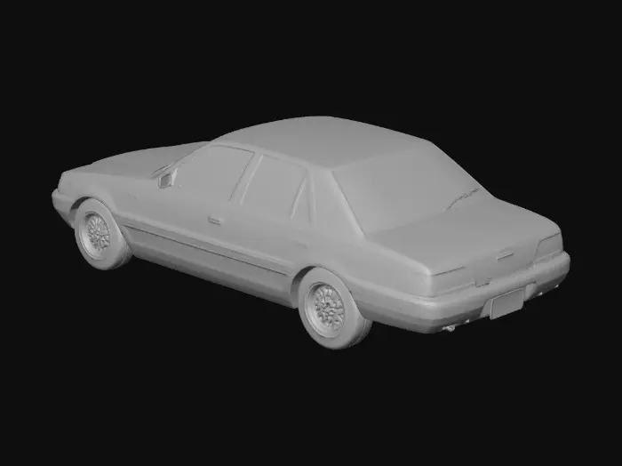 3D model for mid size sedan, 1990s styling, smooth body lines, integrated bumpers, oval headlights, conservative everyday design, clean topology, game ready, centered, no background