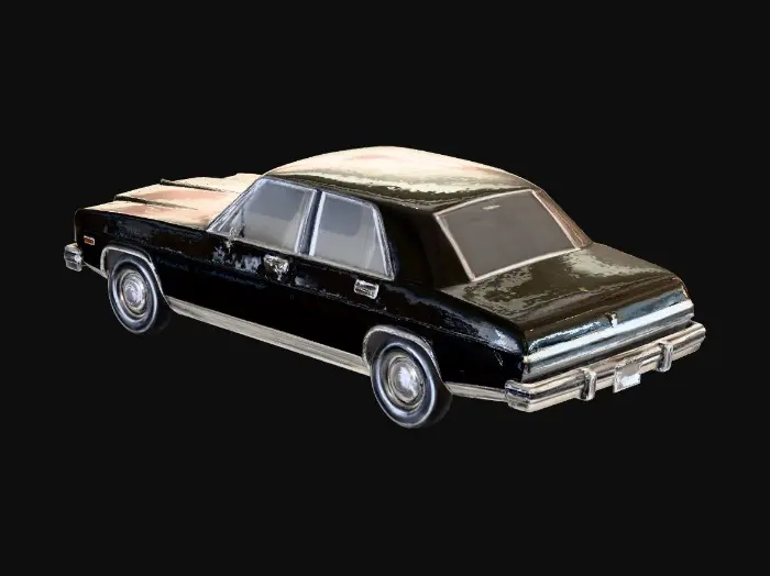 3D model for four door sedan, 1970s design language, long hood, boxy body, chrome bumpers, wide stance, simple round headlights, classic proportions, no brand, no logos, realistic scale, clean topology, centered, no background