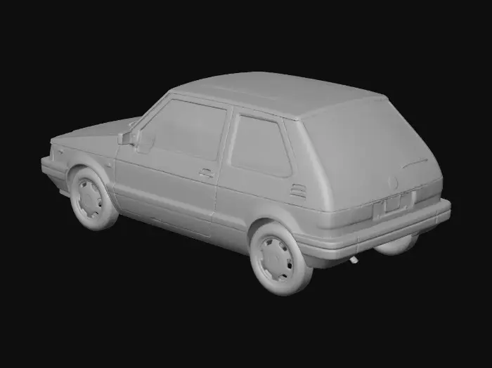 3D model for compact hatchback car, 1980s design style, angular shapes, flat surfaces, simple rectangular headlights, short overhangs, utilitarian look, no brand, no logos, realistic proportions, clean topology, no background