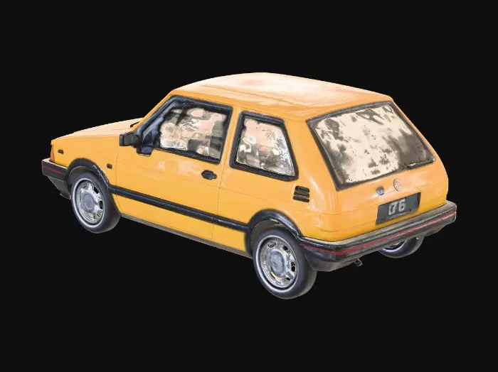 3D model for compact hatchback car, 1980s design style, angular shapes, flat surfaces, simple rectangular headlights, short overhangs, utilitarian look, no brand, no logos, realistic proportions, clean topology, no background