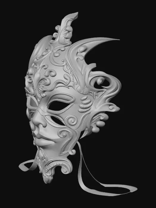 3D model for carnival mask, highly detailed ornamental design, symmetrical face covering, baroque inspired shapes, carved surface patterns, layered relief details, realistic proportions, metallic and ceramic material mix, subtle wear and depth, dramatic contours around eyes and cheeks, clean topology, game ready, centered, no background