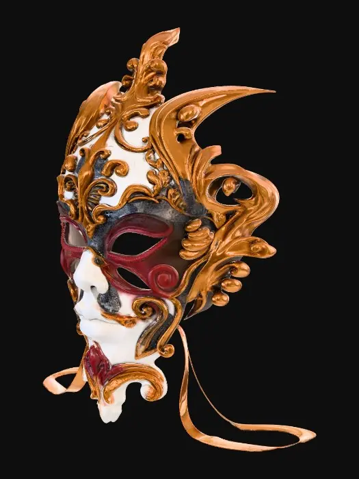 3D model for carnival mask, highly detailed ornamental design, symmetrical face covering, baroque inspired shapes, carved surface patterns, layered relief details, realistic proportions, metallic and ceramic material mix, subtle wear and depth, dramatic contours around eyes and cheeks, clean topology, game ready, centered, no background