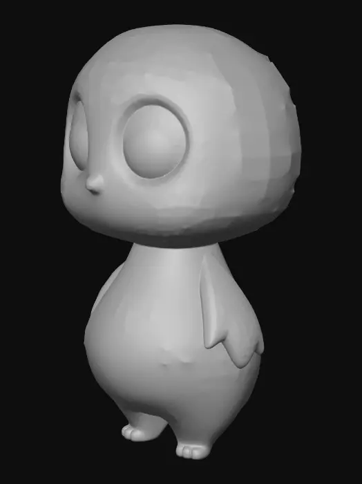 3D model for A cute, stylized 3D character with a soft, rounded body and big glossy eyes, holding a pink sprinkled donut. Smooth, chunky proportions, short arms and legs, gentle smile, pastel colors. Toy-like appearance, clean topology, simple shapes, no sharp edges, soft lighting, neutral pose, high-quality 3D printable style.