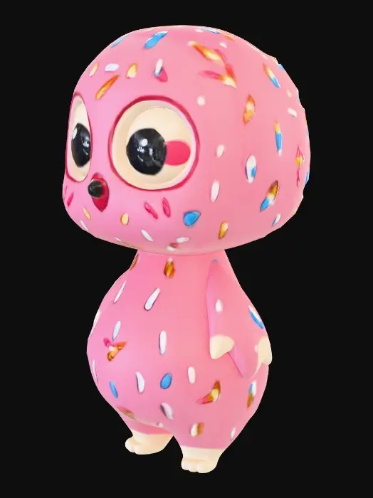 3D model for A cute, stylized 3D character with a soft, rounded body and big glossy eyes, holding a pink sprinkled donut. Smooth, chunky proportions, short arms and legs, gentle smile, pastel colors. Toy-like appearance, clean topology, simple shapes, no sharp edges, soft lighting, neutral pose, high-quality 3D printable style.