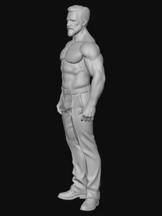 3D model for Create a full 3D character model of a mature, confident “daddy” archetype male. Broad shoulders, thick defined chest, strong V-shaped torso, solid muscular mass with realistic weight, powerful legs, slightly relaxed dominant stance. Mature facial structure, strong jawline, short styled hair, trimmed beard. Form-enhancing fitted outfit with subtle fabric tension to define upper body structure without exposure. Clean manifold geometry, solid topology, optimized for 3D printing, high-resolution sculpt detail, full color materials with realistic warm skin tones, proper material separation, neutral studio lighting, isolated object, no background, no 2D illustration, true 3D model.
