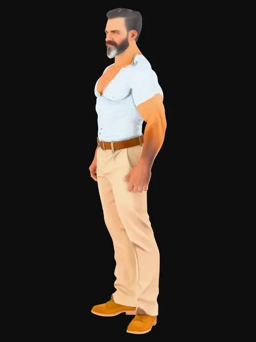 3D model for Create a full 3D character model of a mature, confident “daddy” archetype male. Broad shoulders, thick defined chest, strong V-shaped torso, solid muscular mass with realistic weight, powerful legs, slightly relaxed dominant stance. Mature facial structure, strong jawline, short styled hair, trimmed beard. Form-enhancing fitted outfit with subtle fabric tension to define upper body structure without exposure. Clean manifold geometry, solid topology, optimized for 3D printing, high-resolution sculpt detail, full color materials with realistic warm skin tones, proper material separation, neutral studio lighting, isolated object, no background, no 2D illustration, true 3D model.