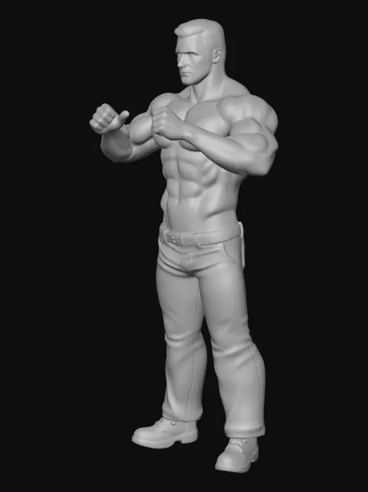3D model for Create a full 3D character model of a mature, confident “daddy” archetype male. Broad shoulders, thick defined chest, strong V-shaped torso, solid muscular mass with realistic weight, powerful legs, slightly relaxed dominant stance. Mature facial structure, strong jawline, short styled hair, trimmed beard. Form-enhancing fitted outfit with subtle fabric tension to define upper body structure without exposure. Clean manifold geometry, solid topology, optimized for 3D printing, high-resolution sculpt detail, full color materials with realistic warm skin tones, proper material separation, neutral studio lighting, isolated object, no background, no 2D illustration, true 3D model.