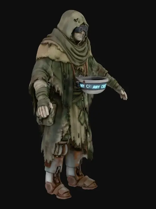 3D model for dystopian cyberpunk beggar