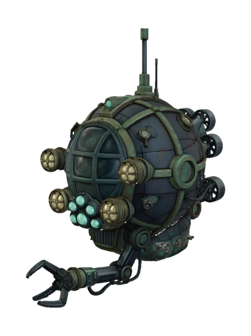 Steampunk Submarine Sphere 3D model, vytvořený pomocí AI