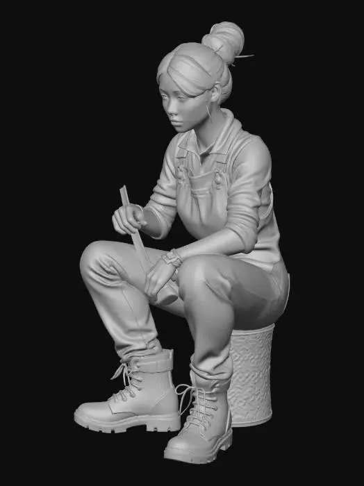 3D model for Beautiful Asian Girl, Female Mechanic, wearing boots, Dirt on face and hands, 
with a wrench in hand
Sitting / open legs - with a Tool in hand...