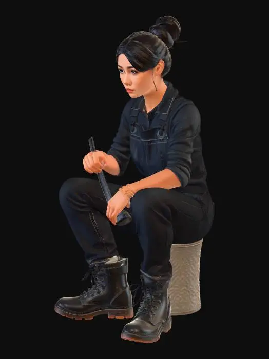 3D model for Beautiful Asian Girl, Female Mechanic, wearing boots, Dirt on face and hands, 
with a wrench in hand
Sitting / open legs - with a Tool in hand...