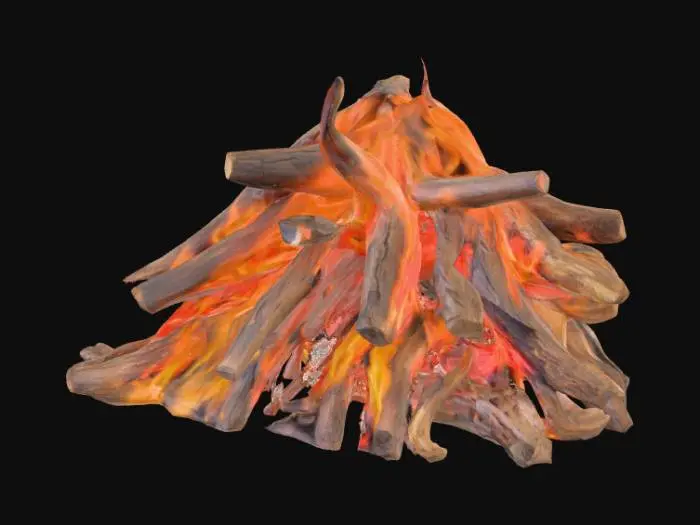 3D model for Una fogata compuesta por un montículo irregular de leños y ramas de madera, de tonos marrones y grises, algunos ya carbonizados y negros. Las llamas, danzantes y vivaces, muestran una gama de colores desde el rojo intenso y el naranja brillante hasta el amarillo vibrante, con toques de azul en su base. El humo, delgado y grisáceo, asciende en espiral. En la parte inferior, se aprecian brasas rojas incandescentes y cenizas finas y blanquecinas, que se sentirían calientes y pulverulentas al tacto.