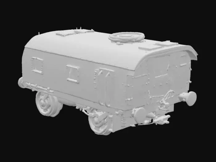 3D model for Un vagón de tren blindado de forma rectangular y robusta, construido con placas de acero grueso de un color verde militar oscuro y opaco, con marcas de óxido y arañazos que sugieren un uso rudo. Presenta remaches y uniones soldadas visibles a lo largo de su estructura, añadiendo una textura rugosa e industrial. Las ventanas son ranuras estrechas y blindadas, casi imperceptibles. Ruedas de hierro macizo, de un negro mate, lo anclan a las vías. Al tacto, la superficie es fría, dura e implacable.