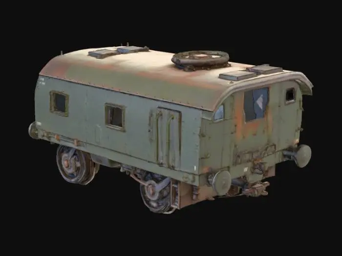 3D model for Un vagón de tren blindado de forma rectangular y robusta, construido con placas de acero grueso de un color verde militar oscuro y opaco, con marcas de óxido y arañazos que sugieren un uso rudo. Presenta remaches y uniones soldadas visibles a lo largo de su estructura, añadiendo una textura rugosa e industrial. Las ventanas son ranuras estrechas y blindadas, casi imperceptibles. Ruedas de hierro macizo, de un negro mate, lo anclan a las vías. Al tacto, la superficie es fría, dura e implacable.
