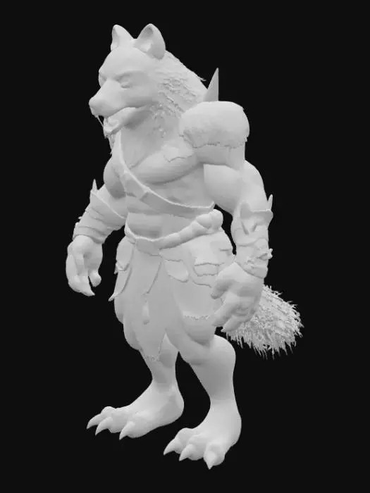 3D model for Un lobo bárbaro de postura imponente y musculatura robusta. Su denso pelaje gris oscuro, salpicado de tonos terrosos, presenta una textura áspera y salvaje. Lleva trozos de cuero curtido y pieles de bestia como armadura, de tonos marrones y negros, que se sienten pesados y toscos. Ojos amarillos penetrantes y afilados colmillos se asoman de su hocico. Sus hombros son anchos y sus garras son grandes, listos para la batalla.