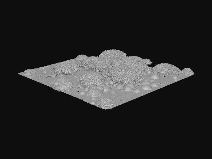 3D model for Create a highly realistic 3D mesh of forest moss as a dense, soft, organic ground cover. The moss should form irregular natural clumps with subtle height variation, small tufts, and uneven patches. It must look like real woodland moss: layered, slightly damp, with micro-detail and organic shapes. Include rich green tones with natural color variation (deep green, yellow-green, slightly brownish edges). The geometry should be optimized for tiling across large landscapes. Provide clean topology, medium-to-high poly detail, and generate high-quality PBR textures (albedo, normal, roughness, AO). The final mesh should seamlessly tile when duplicated and be suitable for Nanite in Unreal Engine 5.